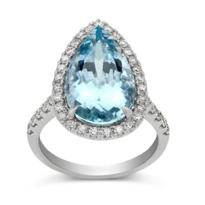 18K White Gold Pear Shape Aquamarine And Round Diamond Halo Ring ...